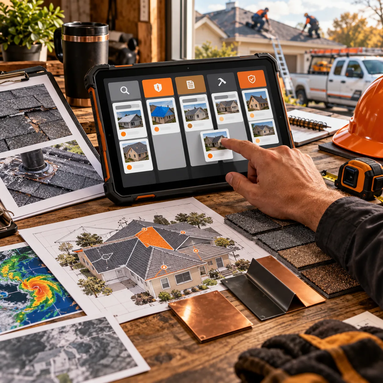Roofing service dispatch workspace with roof inspection photos, house roof diagram, shingle samples, storm map, rugged tablet, safety helmet, and orange priority markers.