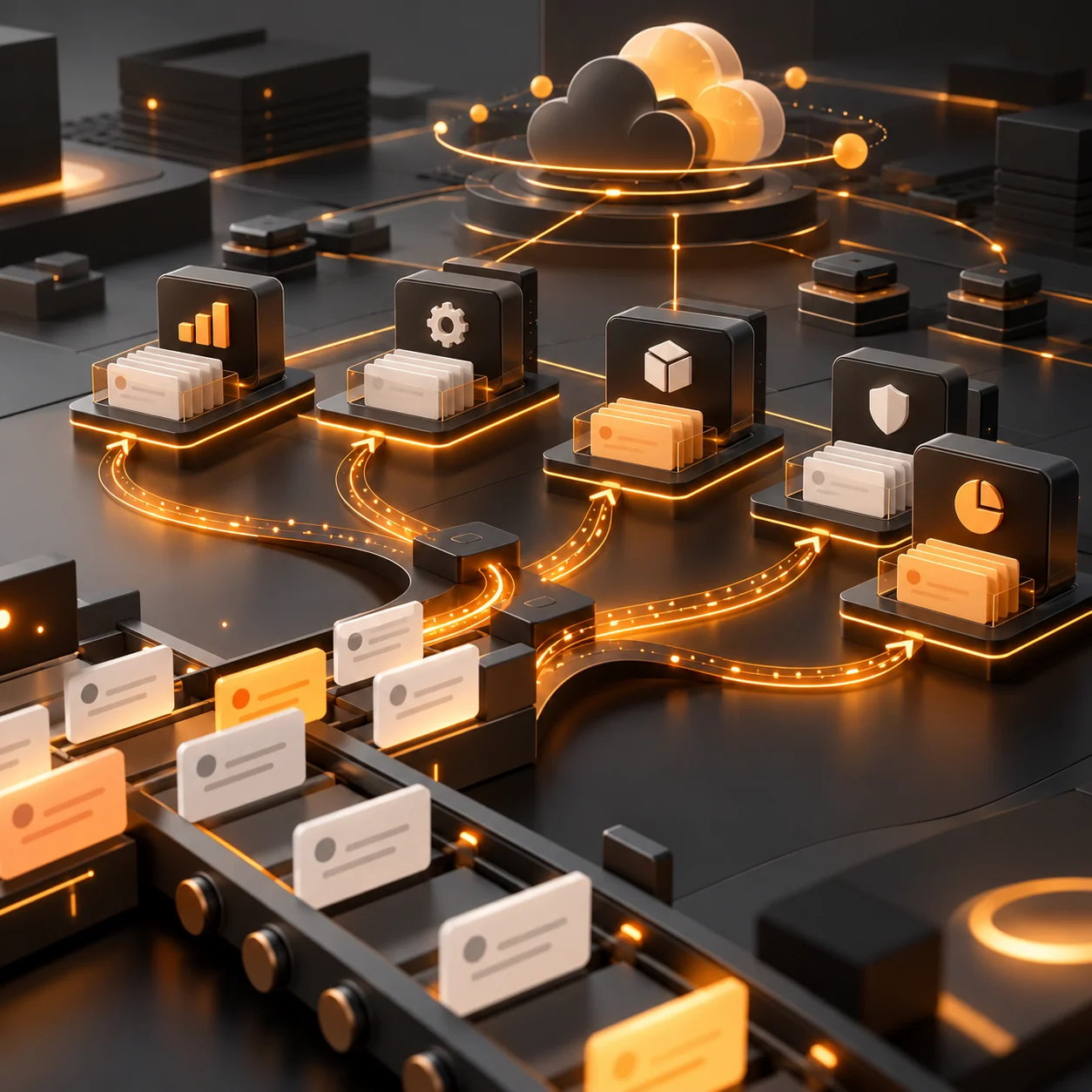 Abstract SaaS product ecosystem with orange ticket flows routing into modular product services
