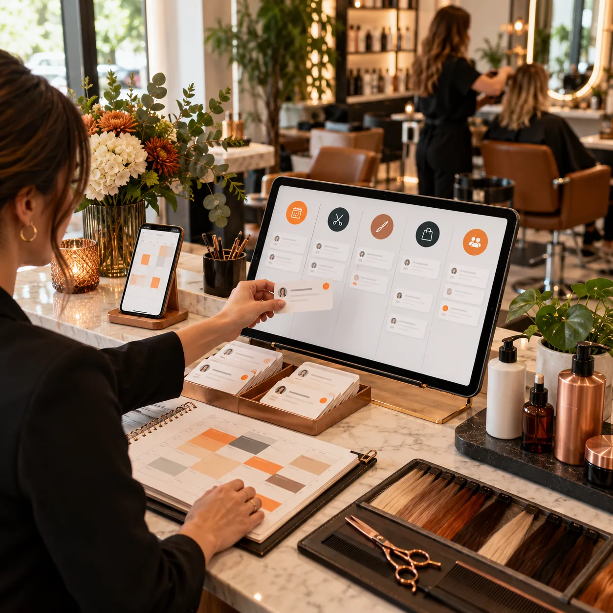 Salon reception and operations desk with appointment calendar, client request cards, hair-color swatches, tablet routing board, scissors, combs, and warm orange accents.