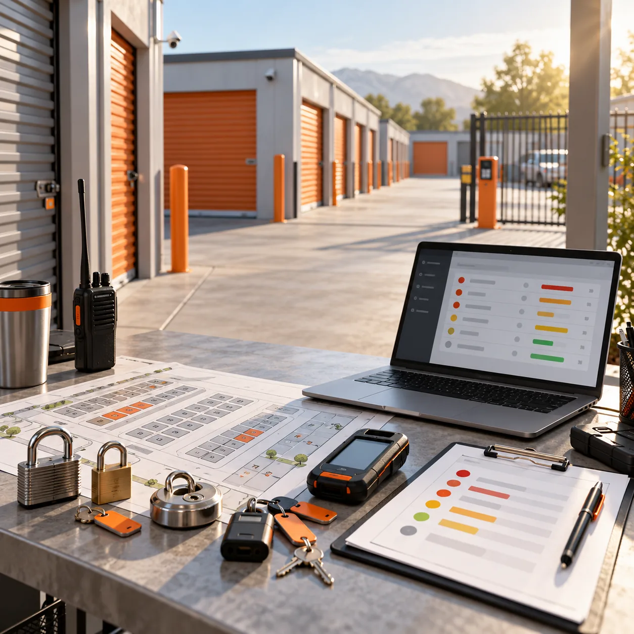Self-storage facility manager desk with unit map, padlocks, access device and a prioritized support queue
