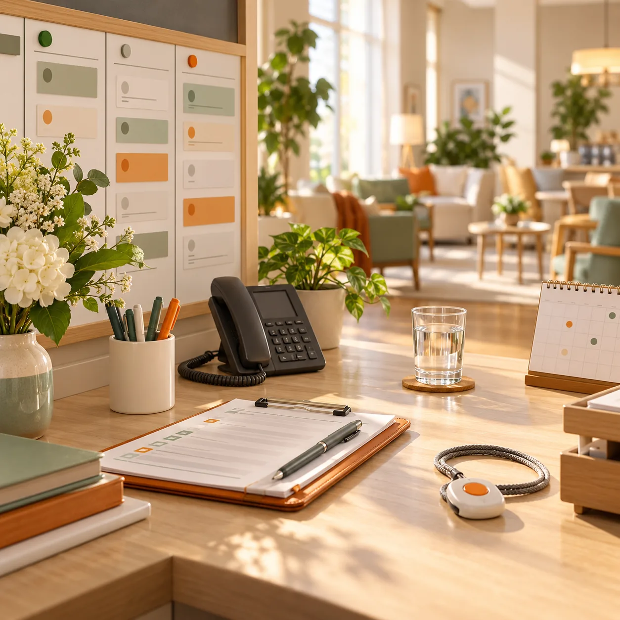 Senior care facility coordination desk with shift board, caregiver clipboard, call pendant and organized support requests