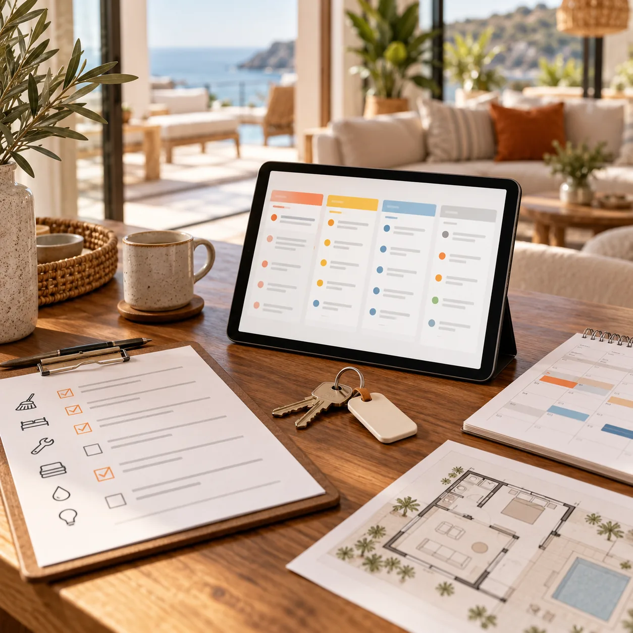 Short-term rental operations desk with keys, cleaning checklist, reservation calendar and a prioritized guest-support queue