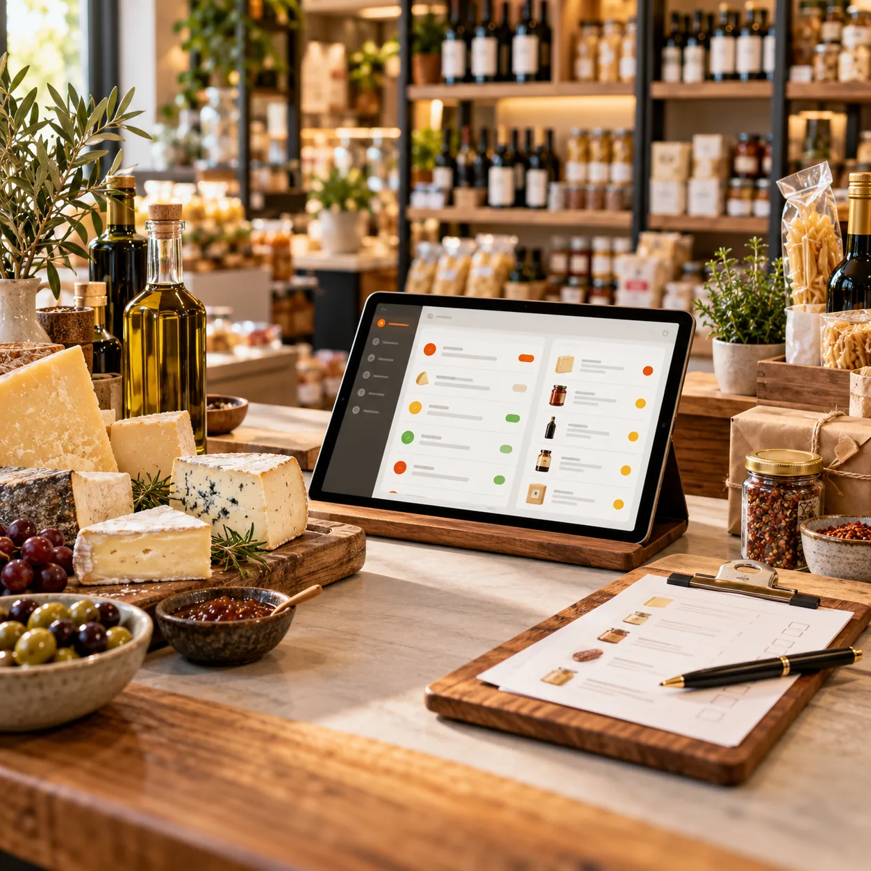 Specialty food retail counter with artisan products, order clipboard, tablet queue and boutique grocery shelves