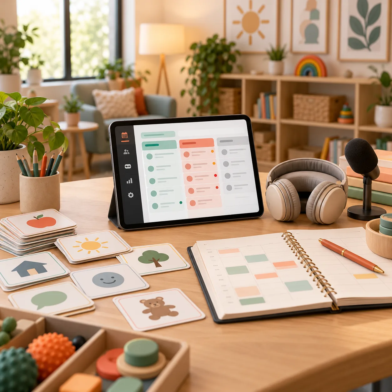 Speech therapy practice worktable with communication cards, headphones, scheduling notebook, tablet and support-request queue