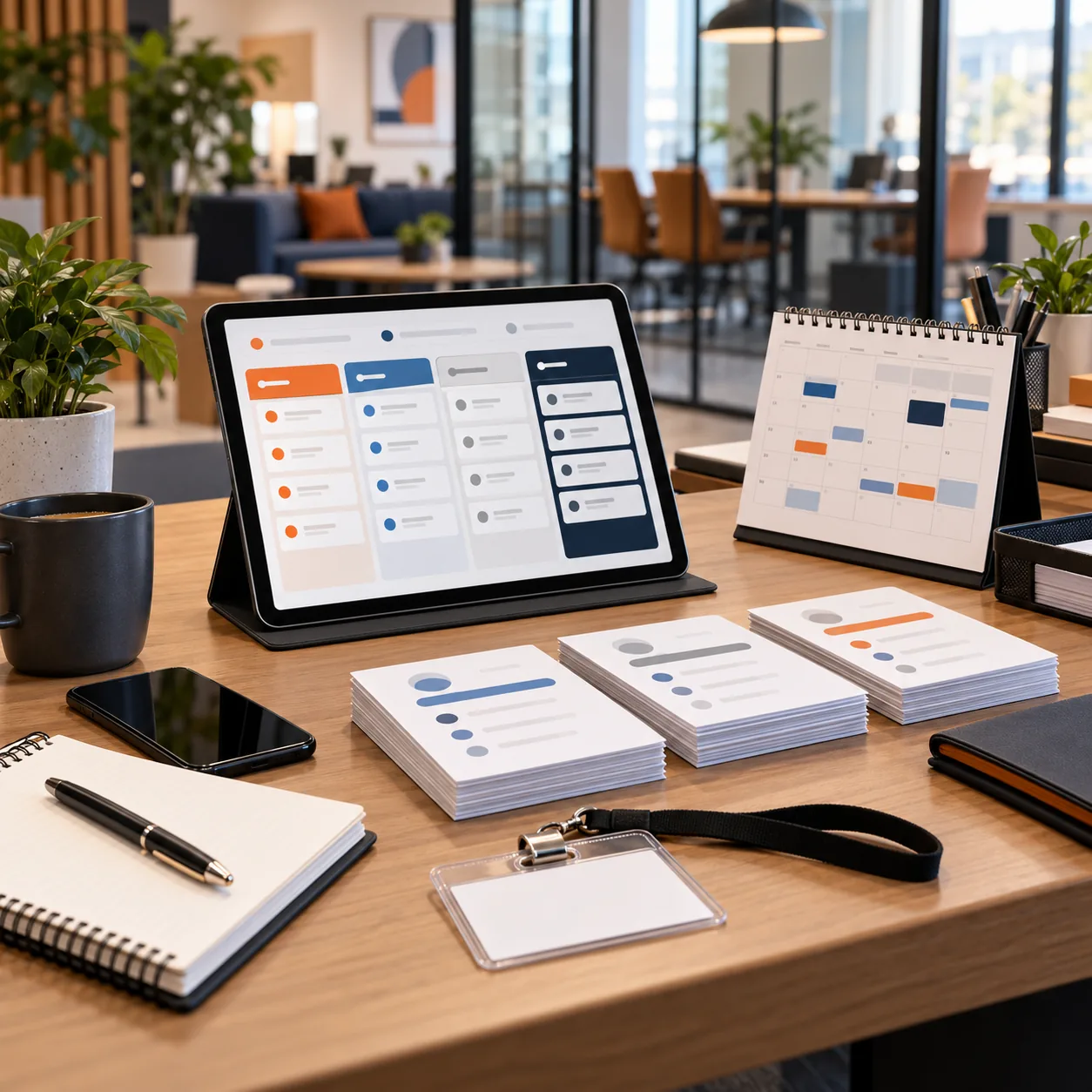 Staffing firm operations desk with anonymized profile cards, interview calendar, visitor badge, phone and support queue tablet