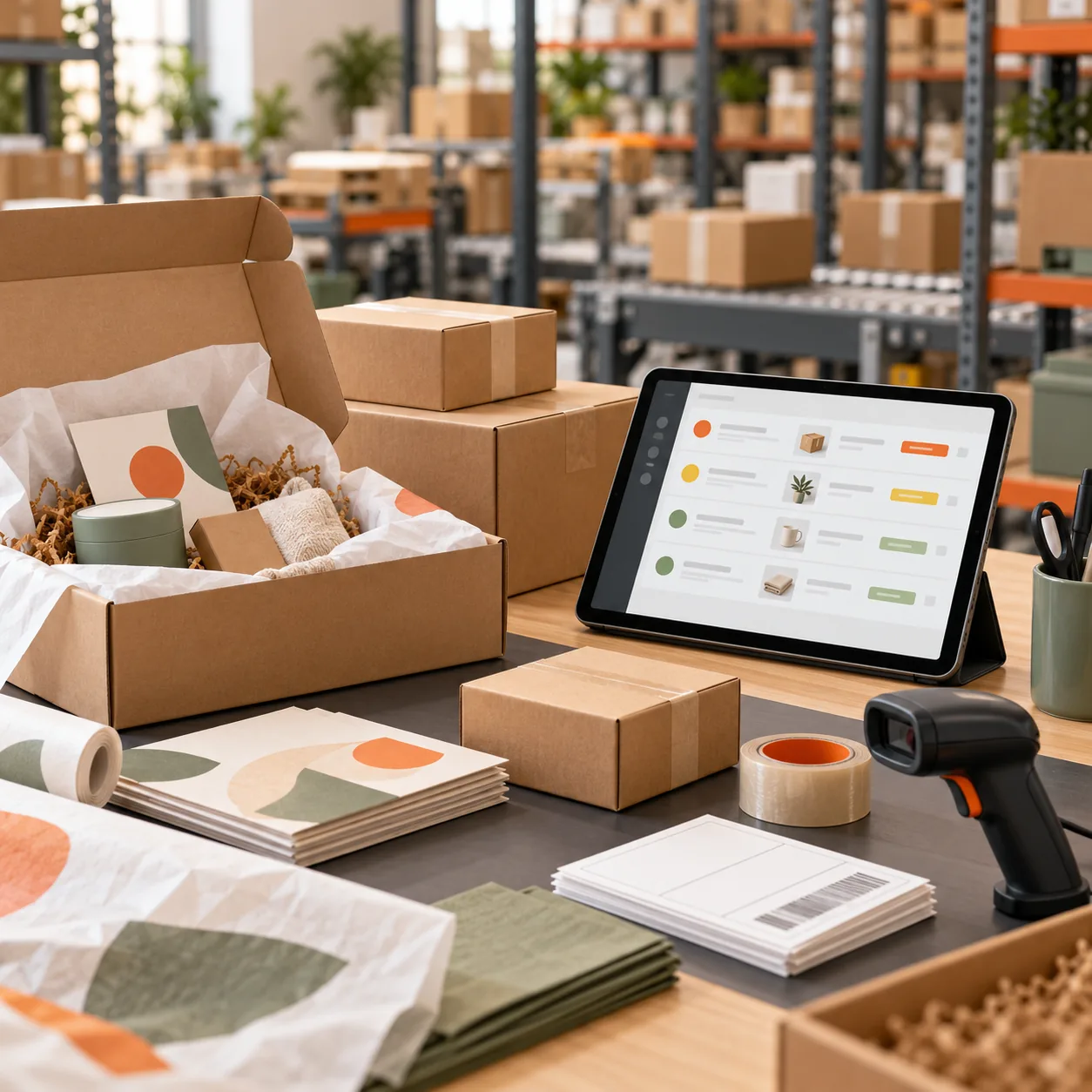 Subscription box fulfillment table with cardboard boxes, product inserts, packing supplies, scanner, labels and support queue tablet