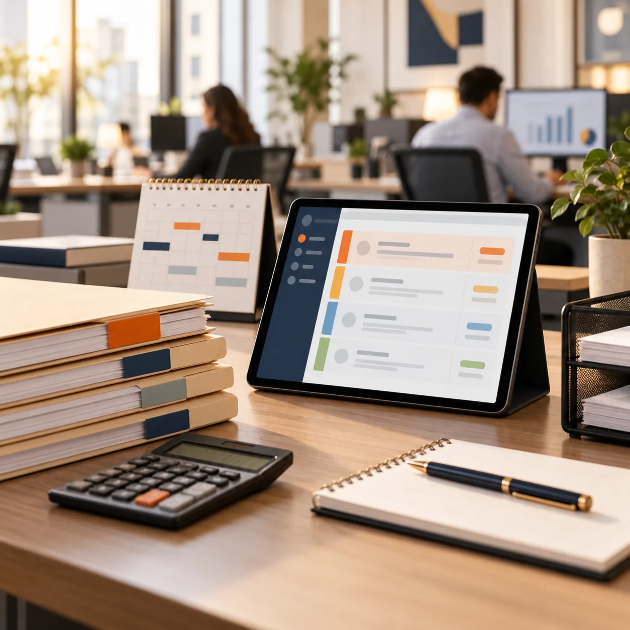 Tax preparation firm worktable with folders, calculator, deadline calendar, secure document tray and support queue tablet