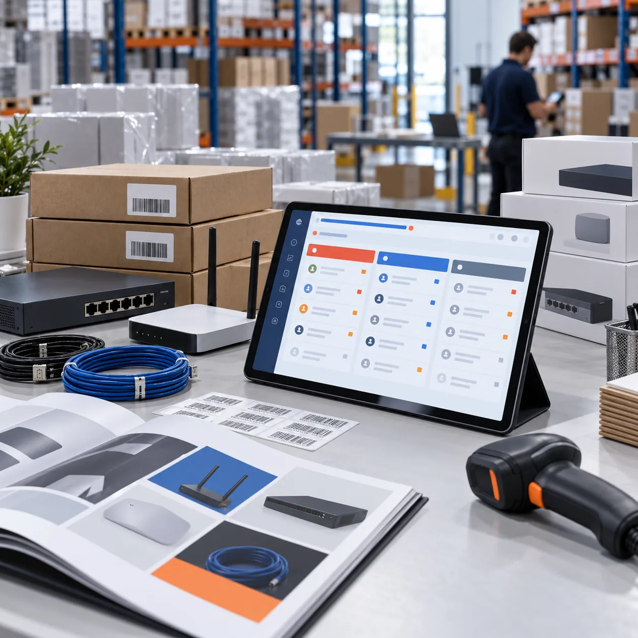 Technology reseller support desk with networking hardware, electronics boxes, barcode scanner, product catalog and tablet ticket queue