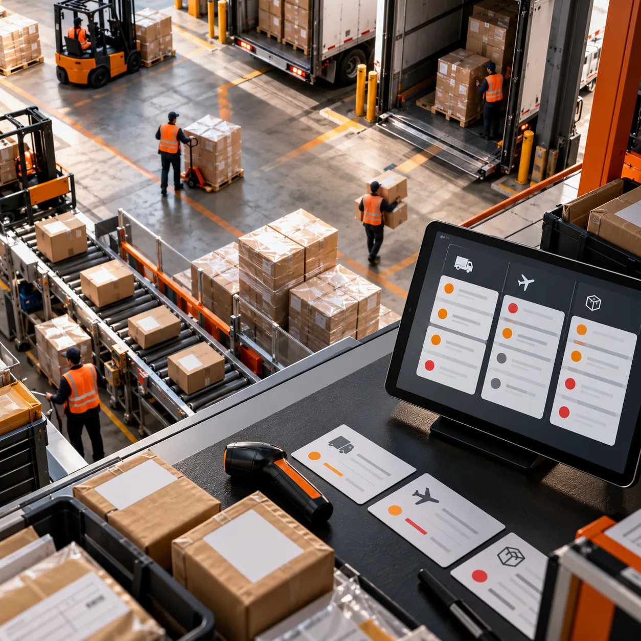 Overhead third-party logistics hub with loading lanes, parcels, pallets, route cards, scanner and abstract support exception lanes