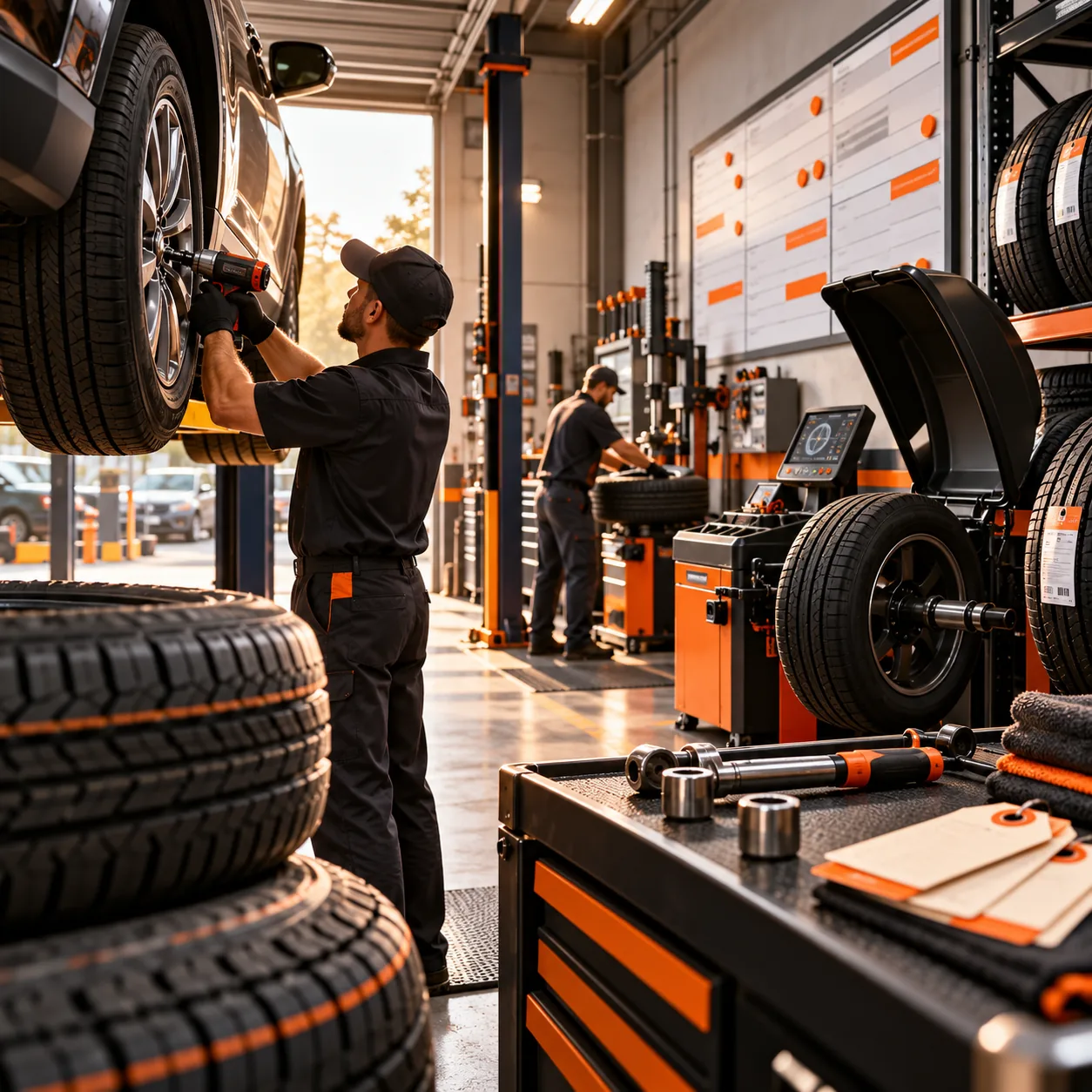 Tire service workshop with stacked tires, lifted vehicle wheel, balancing equipment, tools and abstract appointment issue board