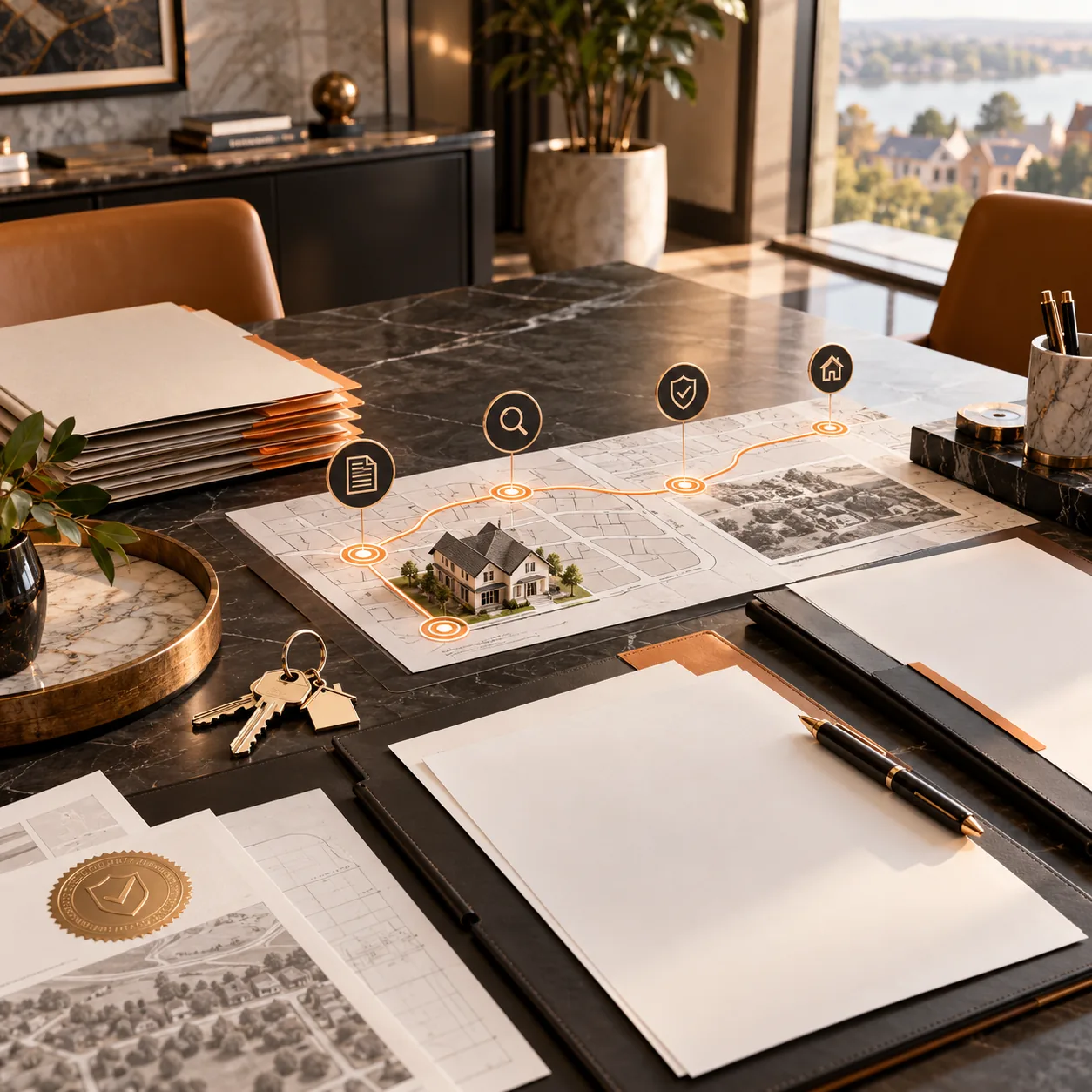 Real estate title closing table with blank folders, property documents, house keys, parcel map and abstract verification route