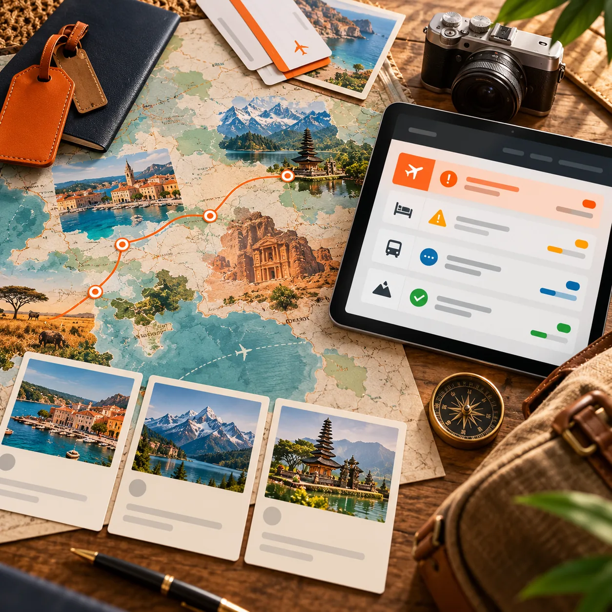 Tour operator planning scene with route map, blank excursion cards, passport, luggage tags, camera and abstract booking exception lanes