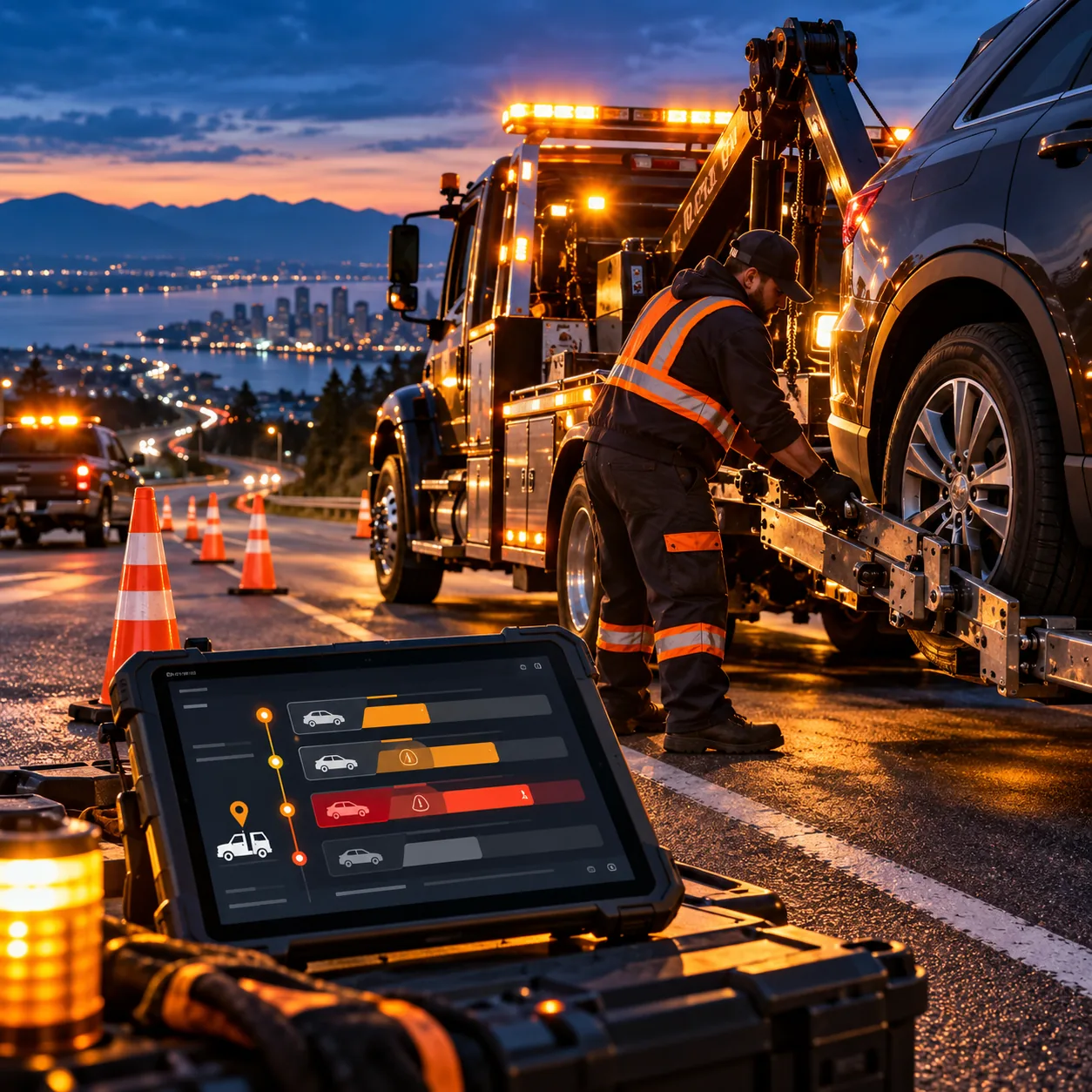 Blue-hour roadside assistance scene with tow truck, secured vehicle, reflective cones, wheel-lift equipment and abstract dispatch priority lanes