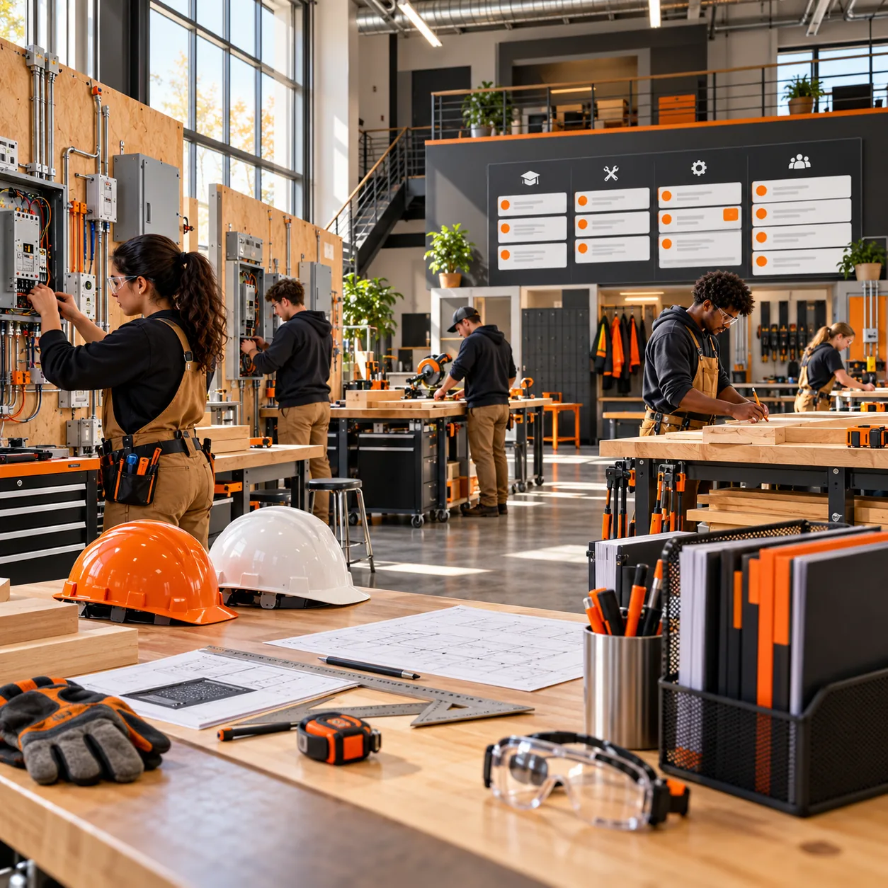 Vocational trade-school workshop with electrical panels, carpentry tools, safety helmets, blueprints and abstract student support board