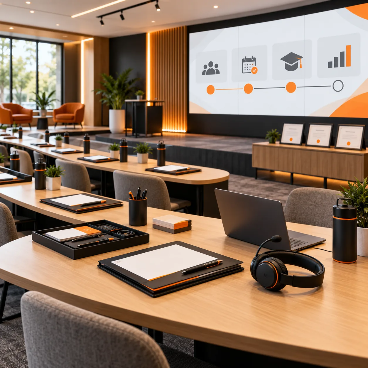Modern training studio with course folders, learning kits, certification cards and abstract learner-support progress modules