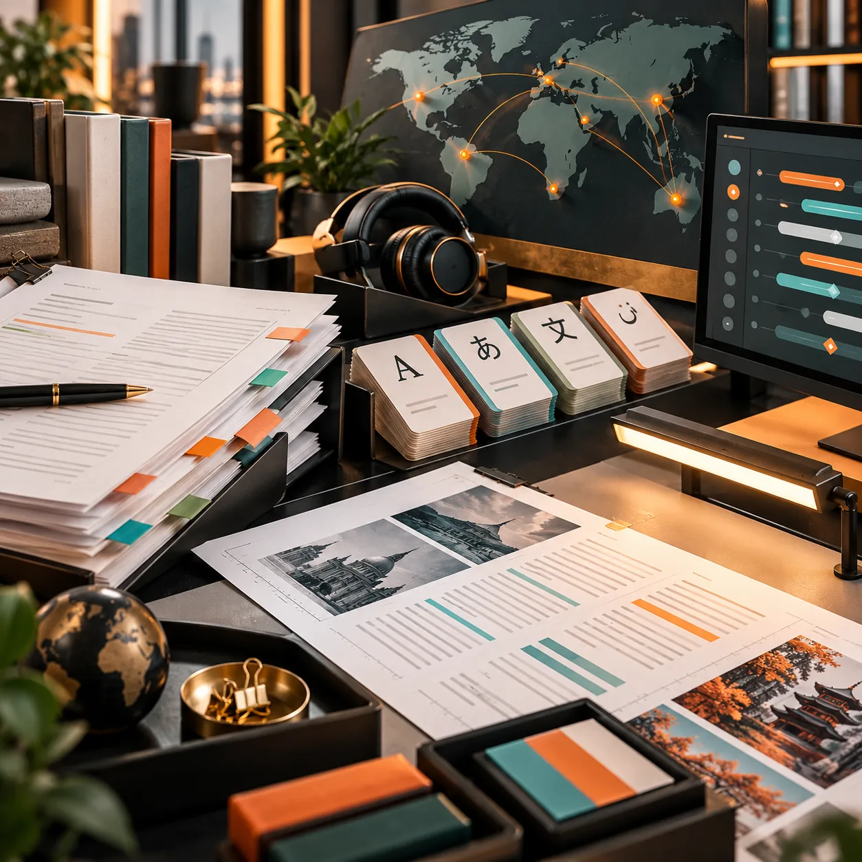 Multilingual editorial studio with manuscript pages, language cards, headphones, world map pins and abstract localization workflow lanes
