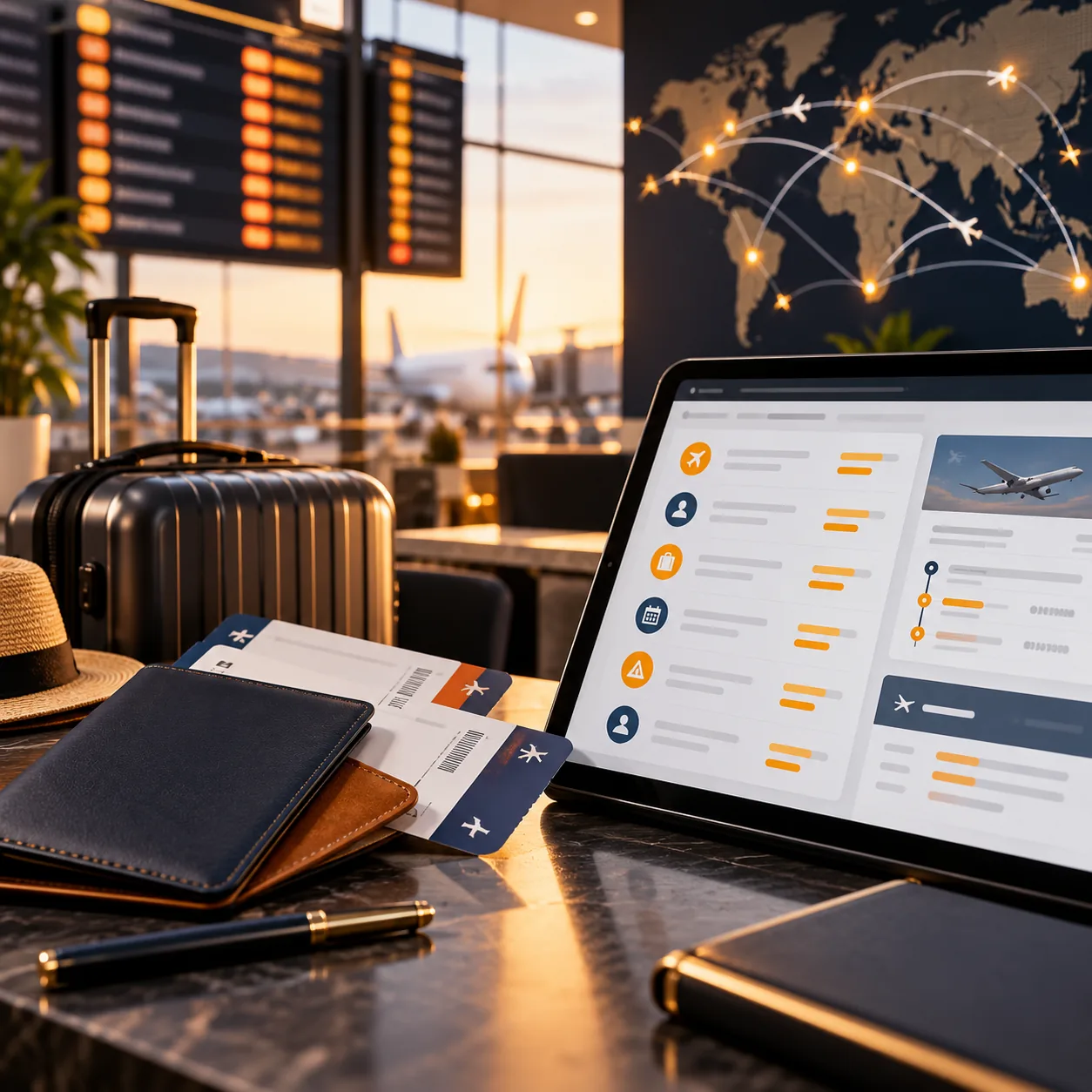 Travel agency reservation scene with abstract airport departure board, passports, boarding passes, suitcase and route support queue