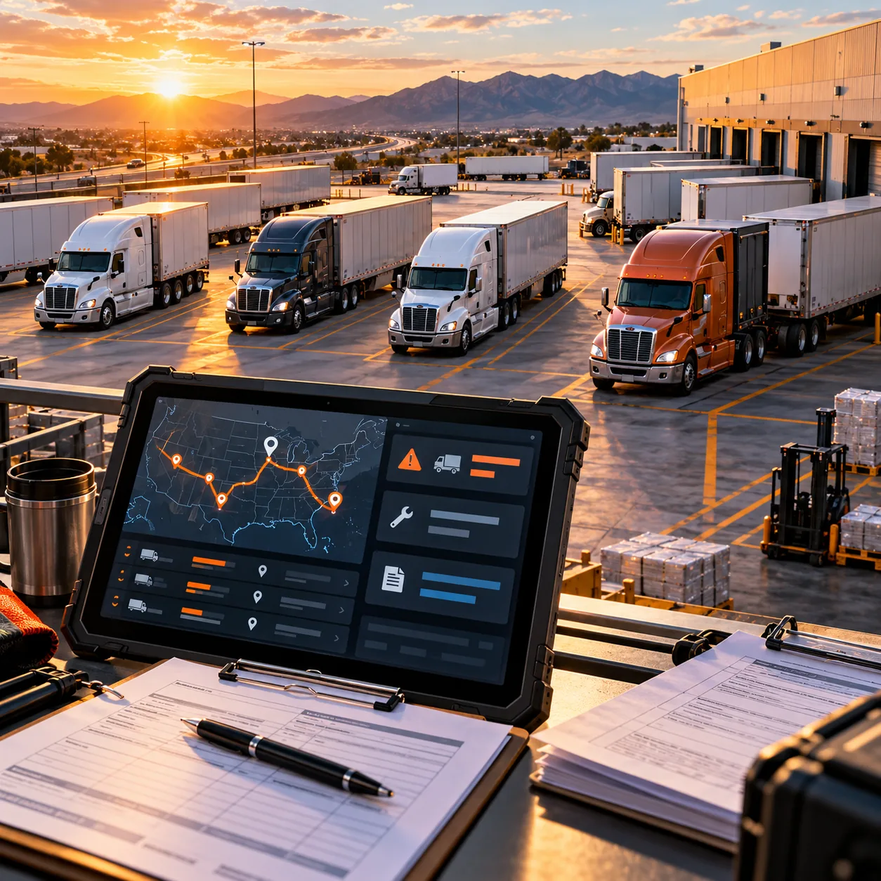High-angle trucking fleet yard with semi trucks, trailers, freight manifests and abstract dispatch and maintenance alert panels