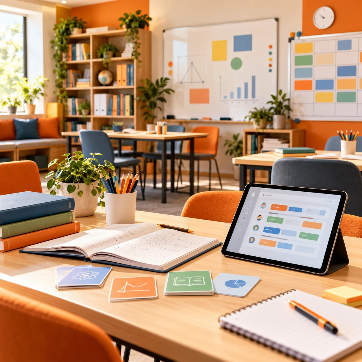 Warm tutoring-center learning room with study tables, open books, subject cards, lesson board, schedule tiles and student support lanes