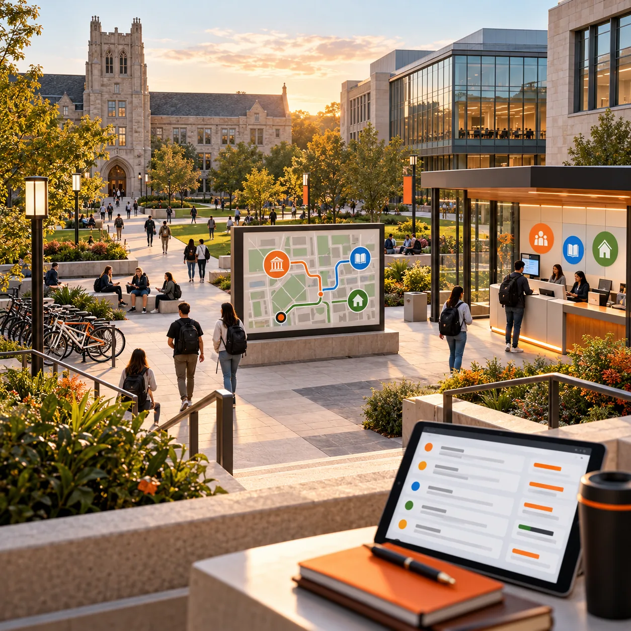 University campus courtyard with academic buildings, campus wayfinding map, student-service kiosk and abstract support queue tablet