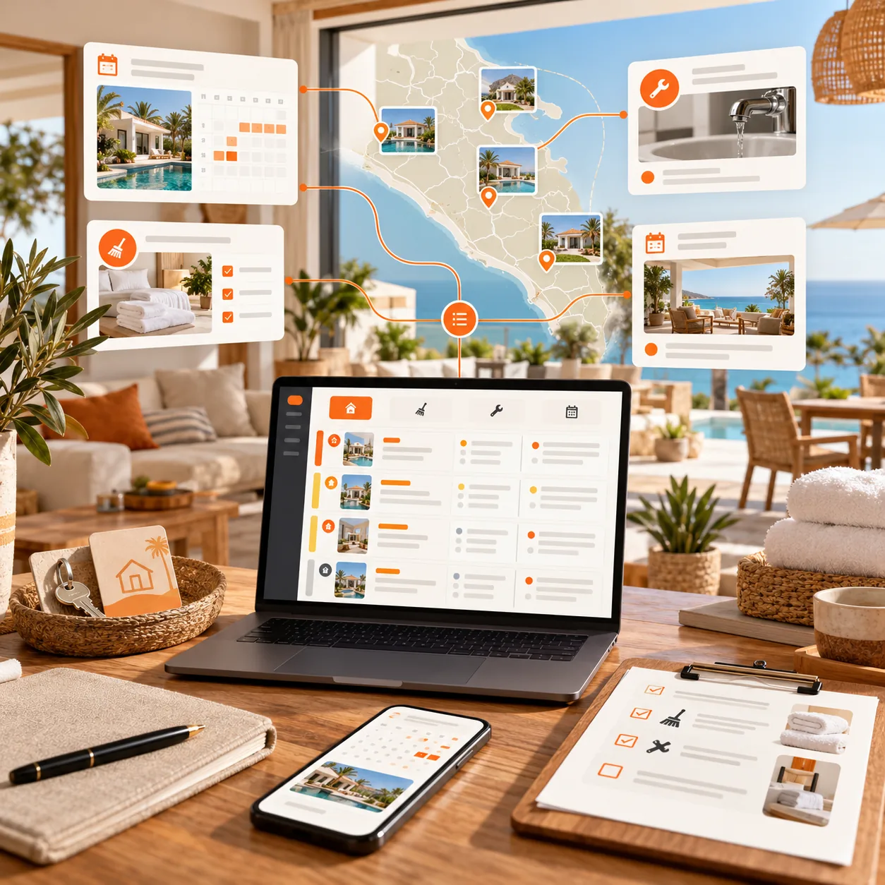 Vacation rental operations workspace with property cards, booking calendar, map and maintenance ticket routing in warm orange and charcoal