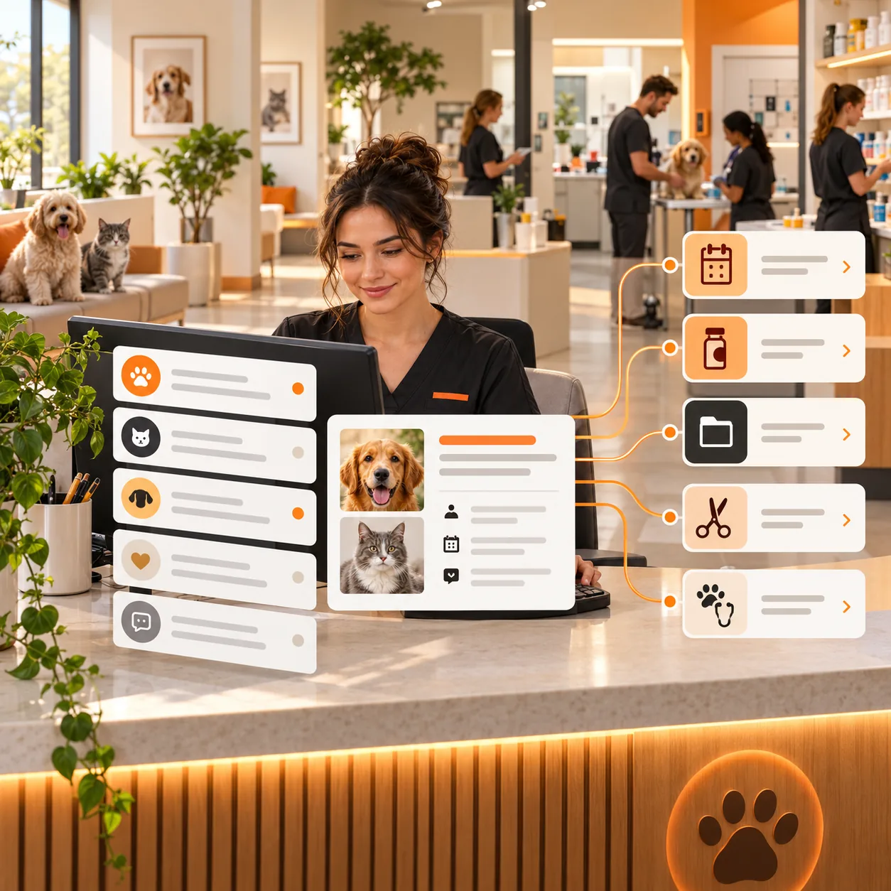 Warm veterinary clinic reception with pet-care intake cards and orange routing lanes connecting appointments, pharmacy, records and veterinary staff