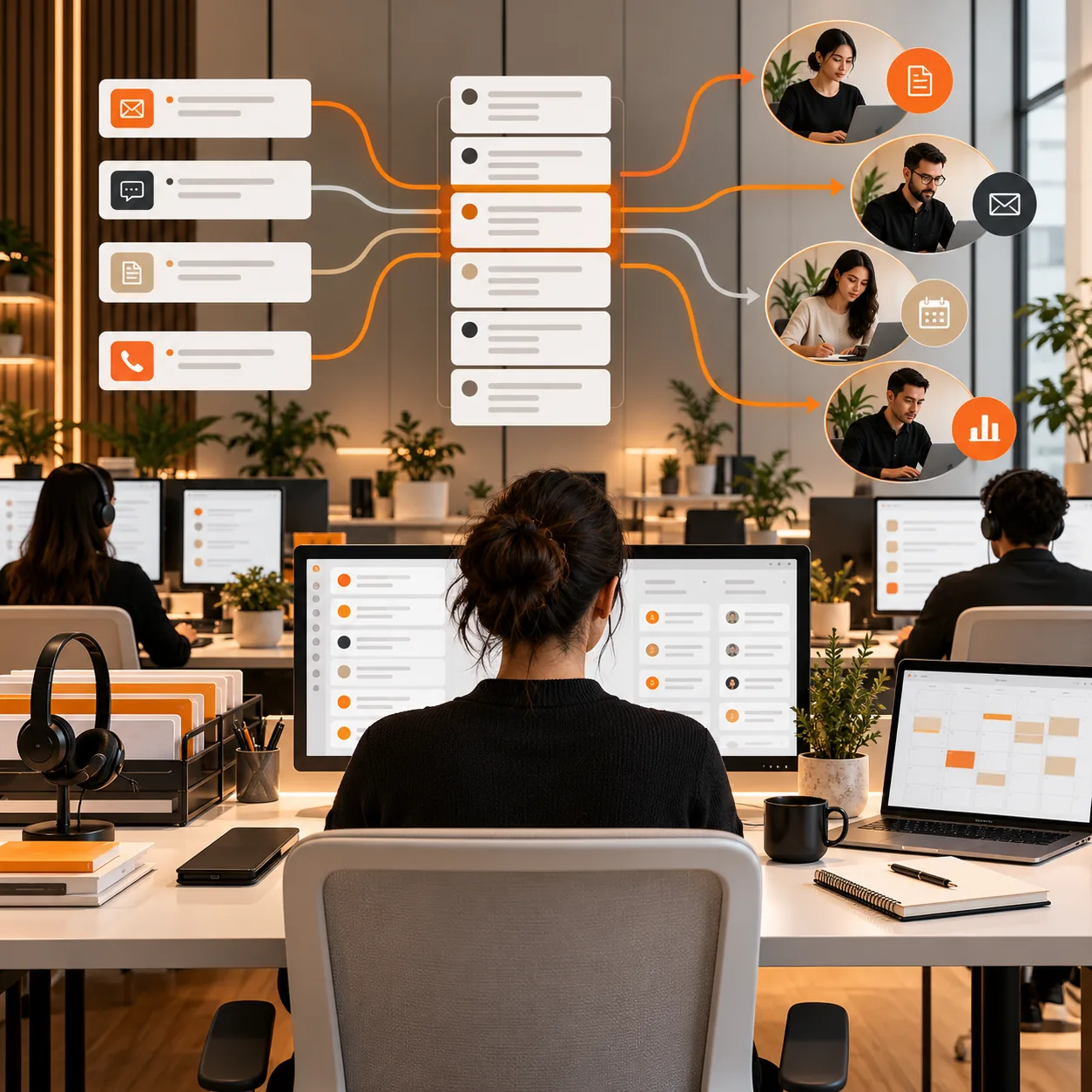 Virtual assistant agency operations studio with client request cards, task lanes, shared calendars and orange routing paths to remote specialists