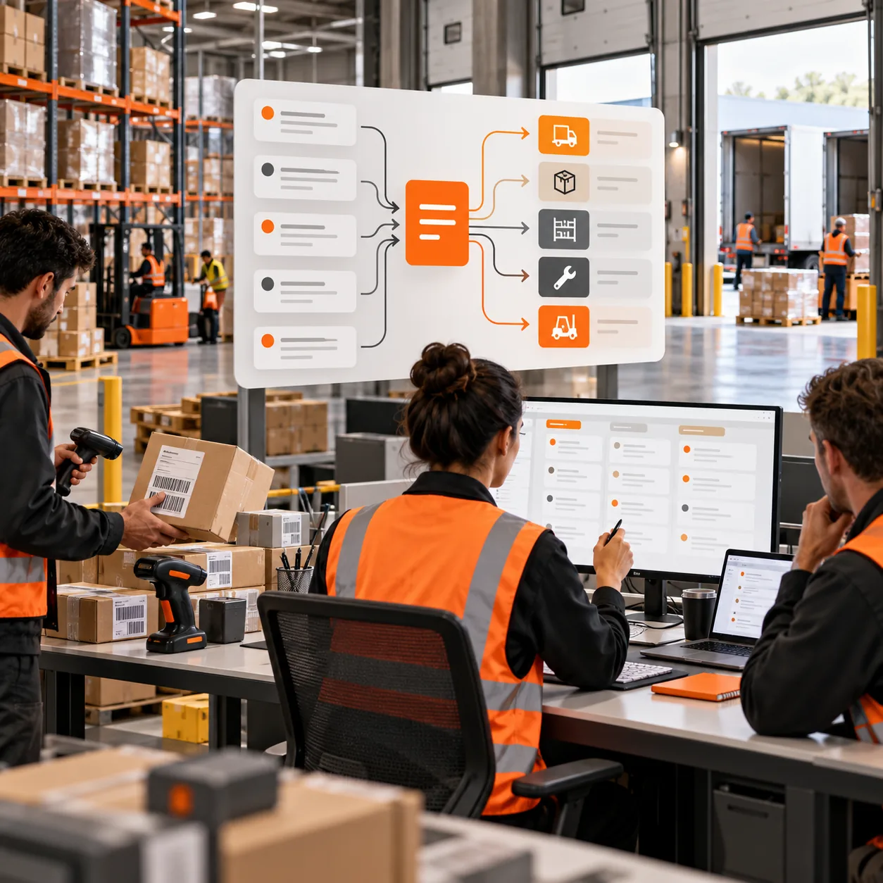 Warehouse operations control point with pallets, scanners, loading docks and an orange support-ticket routing board for receiving, inventory and dispatch