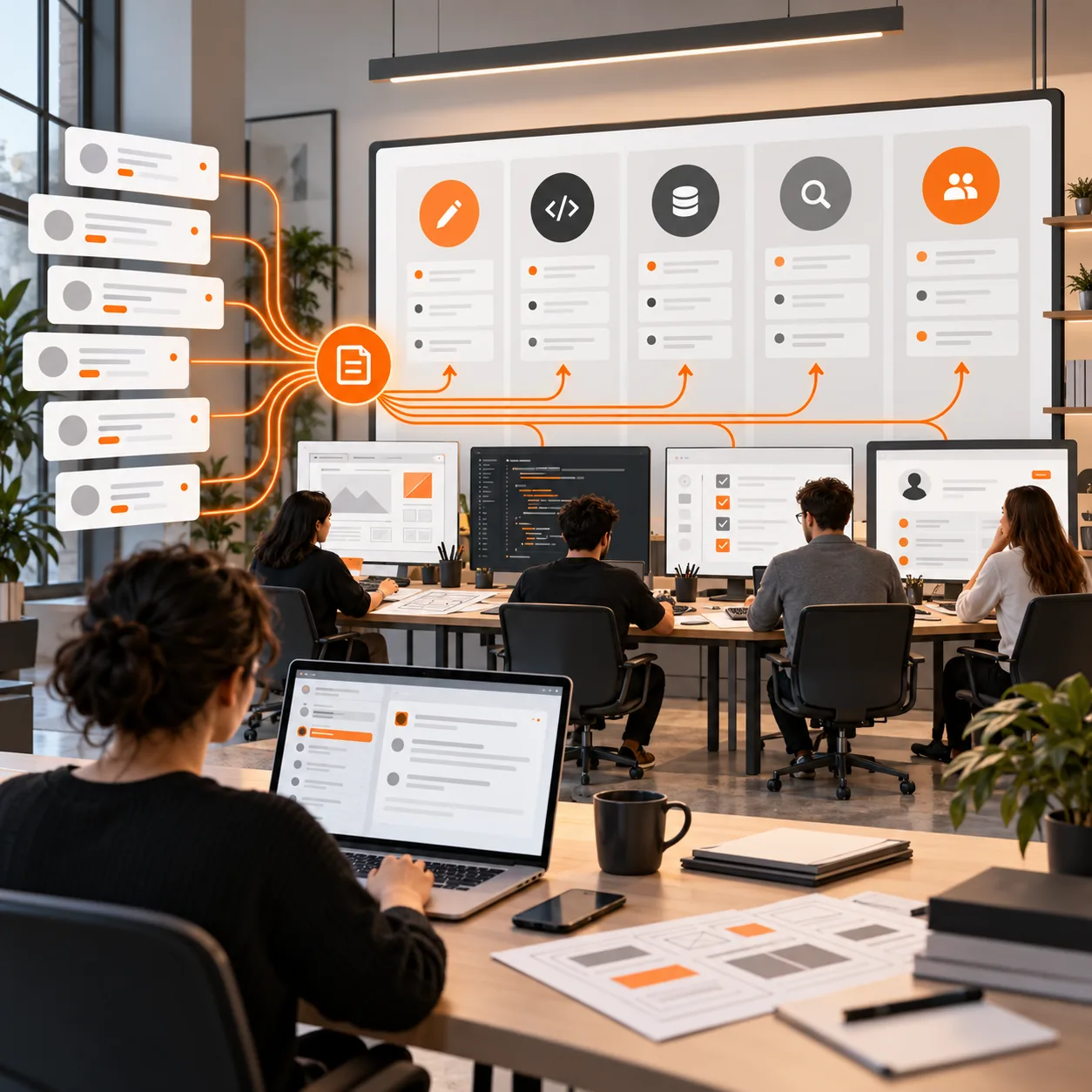 Web development agency studio with browser mockups, sprint board, code screens and orange routing paths for design, frontend, backend and QA