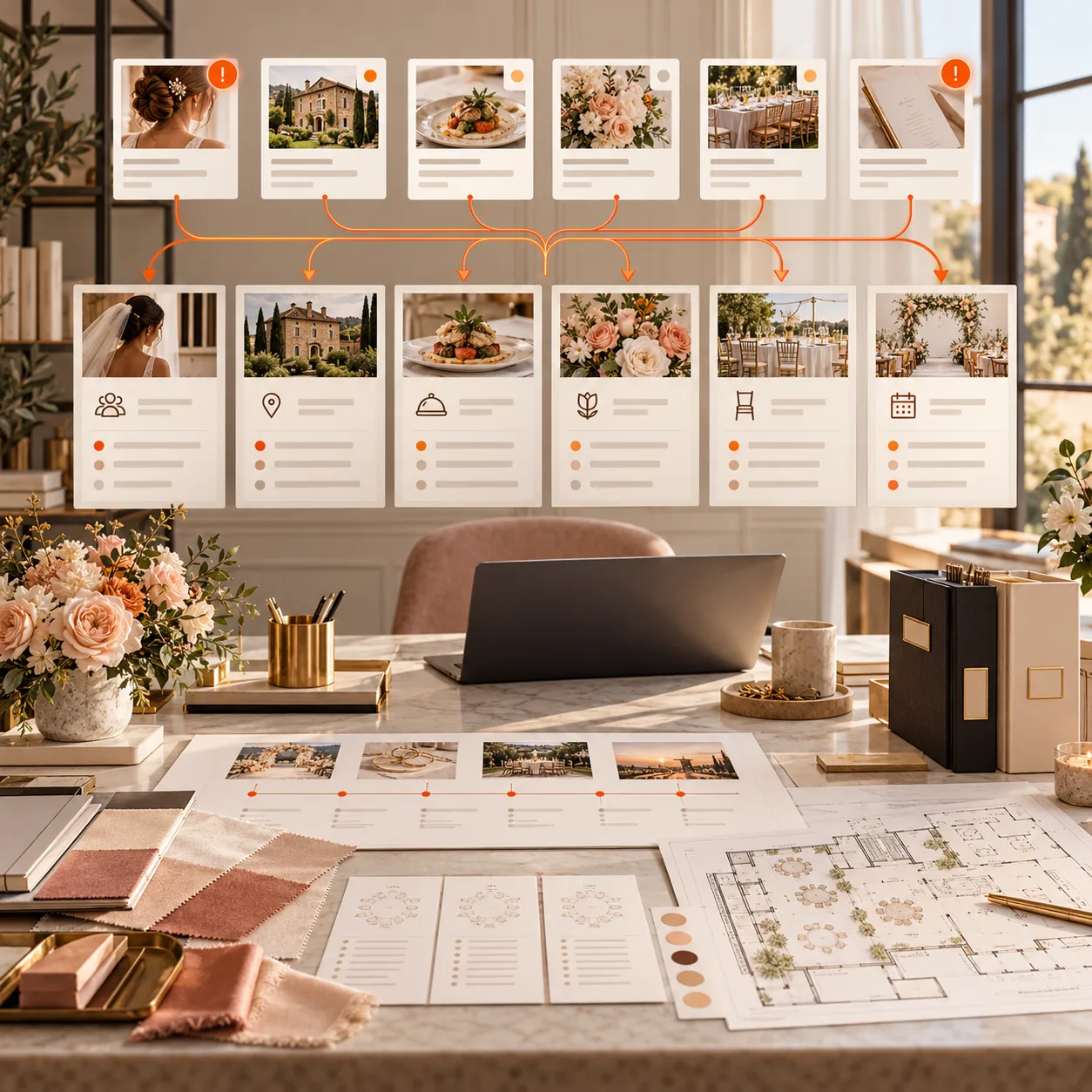 Elegant wedding-planning studio with event timeline, vendor cards, venue plan and orange request-routing paths for guest and wedding services
