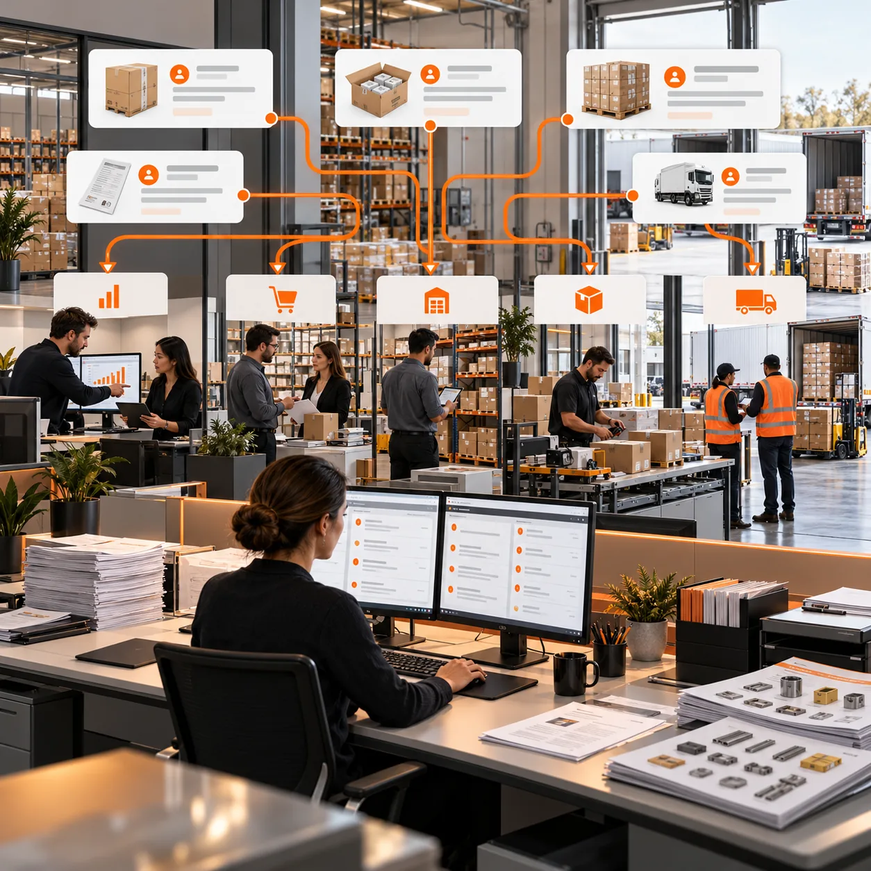 Wholesale distribution operations office with pallets, order documents, product cards and orange routing paths connecting sales, inventory, fulfillment and transportation