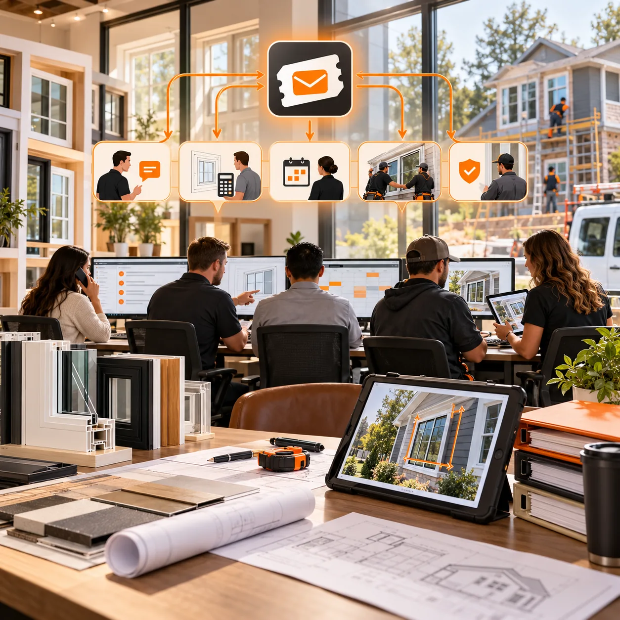Window installation company showroom with window samples, field measurement tablet, home project plans and orange routing paths to sales, scheduling and service