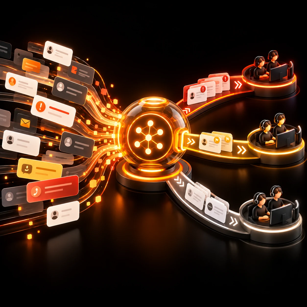 Orange AI support triage assistant routing incoming tickets into prioritized support lanes