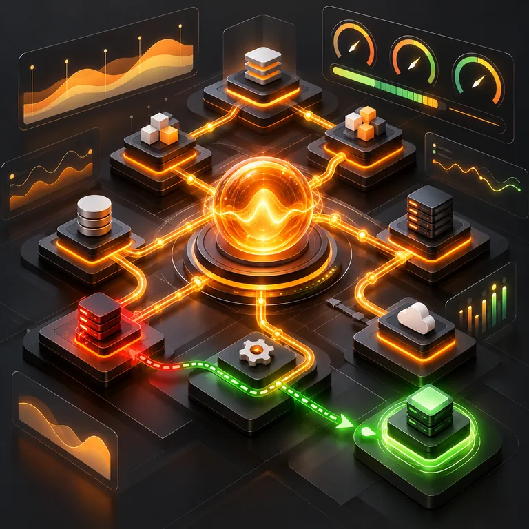 Abstract system vitality landscape with connected service blocks, an amber pulse, health bands, and a green recovery checkpoint