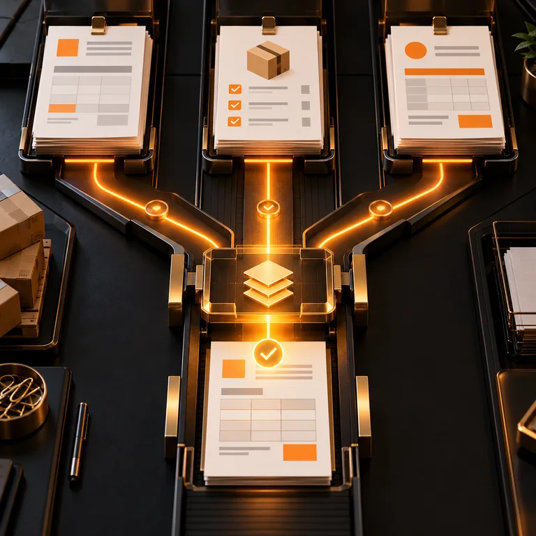 Purchase order, receiving checklist, and invoice sheets converging through an amber matching gate