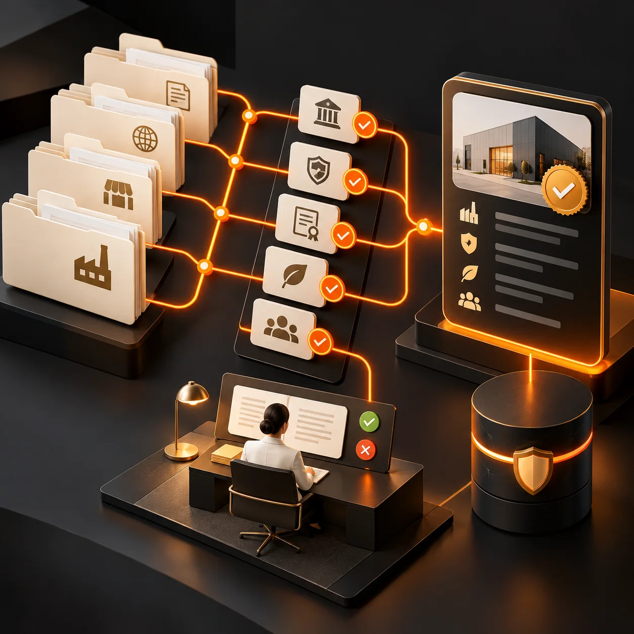 Abstract vendor onboarding workflow with supplier folders, compliance checks, orange verification paths, a secure profile, and a human approval checkpoint