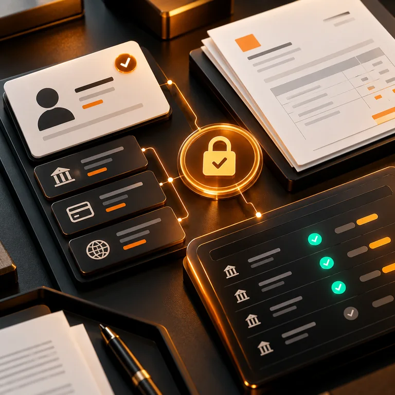 Vendor identity and payment records connected to an amber verification seal on a secure finance desk