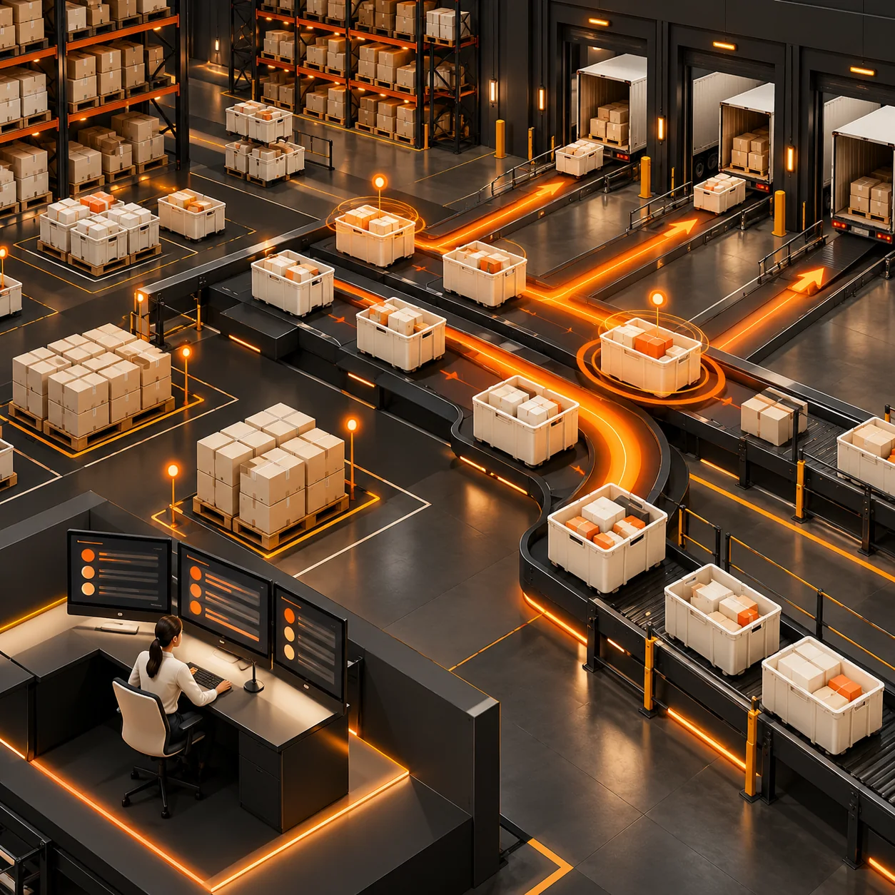 Abstract warehouse fulfillment floor with order totes, orange priority lanes, picking routes, dispatch docks, and a human review checkpoint
