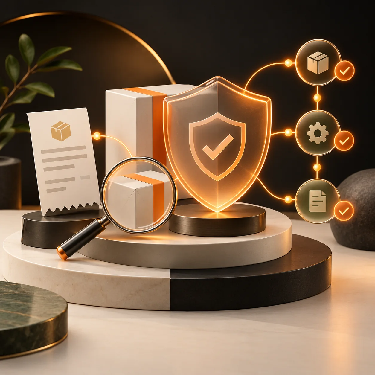 3D editorial scene showing a product package, receipt, magnifying lens, warranty shield, and coverage checkpoints connected by Tranki orange light.